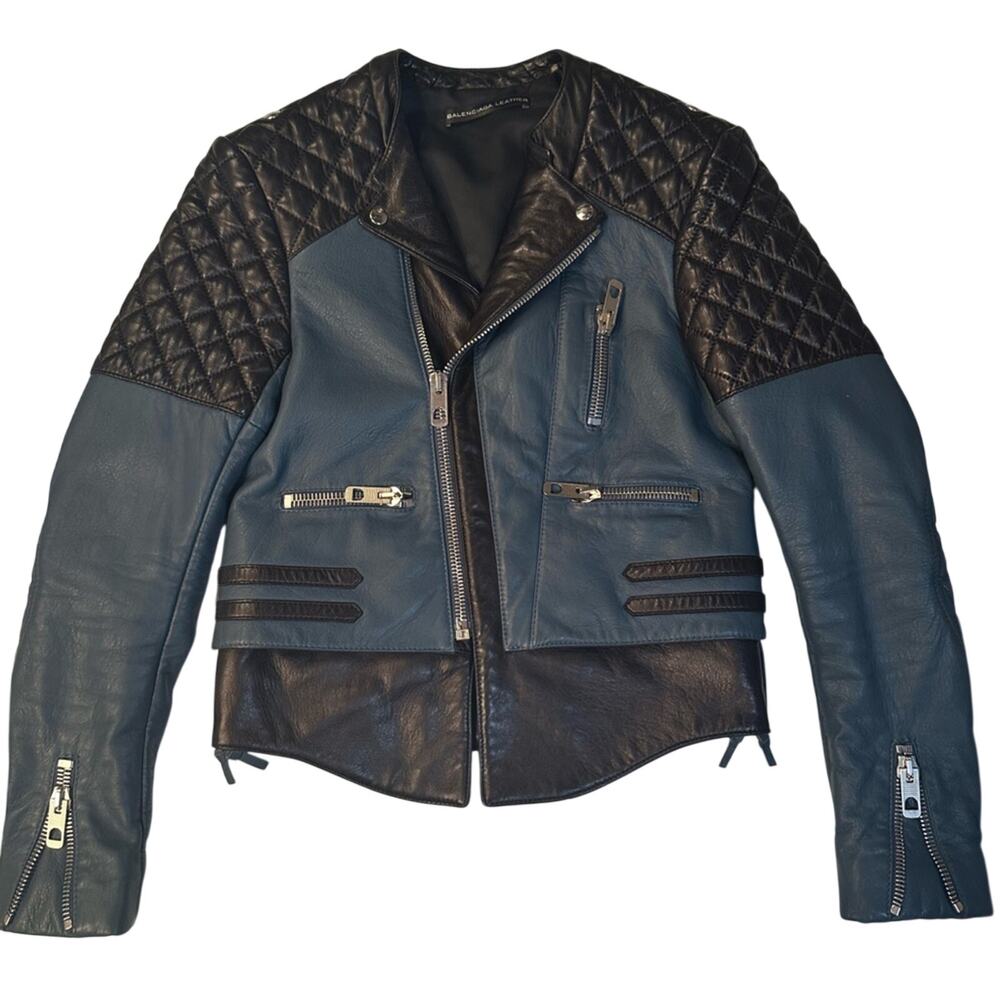 authentic Balenciaga Quilted Leather Biker Jacket Size IT 36 US 4 Black & Blue